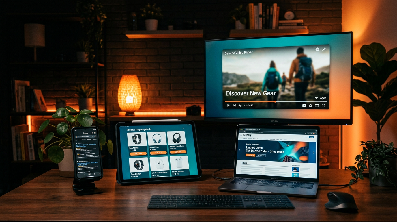 Telefon, tablet ve monitörde arama, alışveriş ve video reklam örnekleri